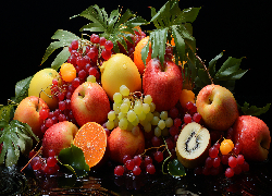 Owoce, Cytrusy, Jabłka, Białe, Czerwone, Winogrona, Pomarańcze, Liście