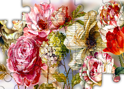 Grafika, Kwiaty, Piwonie, Tulipany