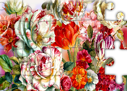Kwiaty, Kolorowe, Tulipany, Piwonie, Grafika