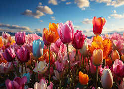 Tulipany, Kolorowe, Kwiaty, Niebo, Grafika