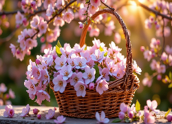 Kwiaty, Różowe, Gałązki, Koszyk