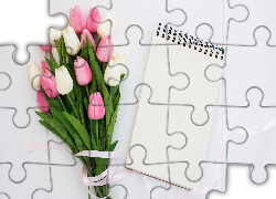 Różowe, Białe, Tulipany, Bukiet, Wstążka, Notes