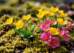 Różowe, Żółte, Kwiaty, Mech
