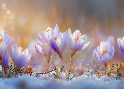 Różowe, Krokusy, Śnieg, Kwiaty, Grafika AI
