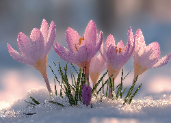Rozwinięte, Różowe, Krokusy, Śnieg, Grafika AI