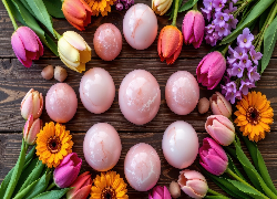 Różowe, Kule, Kolorowe, Kwiaty, Tulipany, Deski