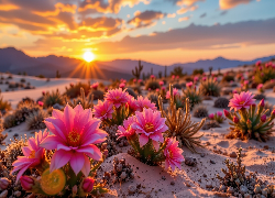 Promienie słońca, Góry, Piasek, Kaktusy, Różowe, Kwiaty