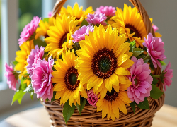 Kwiaty, Różowe, Słoneczniki, Koszyk