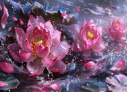 Kwiaty, Lotosy, Woda, Grafika AI