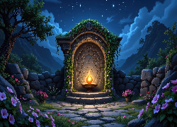 Grafika, Tablica, Upamiętniająca, Znicz, Kamienny, Mur, Różowe, Kwiaty, Góry, Drzewa