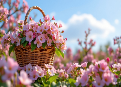 Różowe, Kwiaty, Bukiet, Koszyk, Niebo, Grafika AI