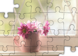 Różowe, Kwiaty, Parapet, Wazonik