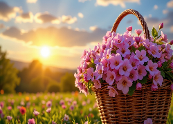 Różowe, Kwiaty, Koszyk, Łąka, Słońce