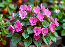 Różowe, Kwiaty, Zielone, Listki, Donica