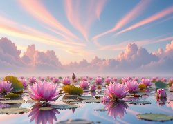 Kolorowe, Niebo, Chmury, Różowe, Kwiaty, Lilie wodne