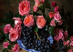 Różowe, Róże, Talerz, Czarne, Winogrona