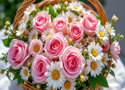 Kwiaty, Różowe, Róże, Margerytki, Wiklinowy, Koszyk