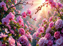 Kwiaty, Róże, Storczyki, Słońce, Grafika AI