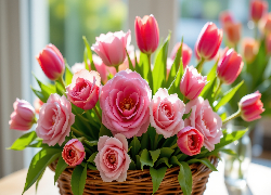 Kwiaty, Różowe, Tulipany, Róże, Koszyk