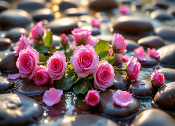 Róże, Różowe, Kwiaty, Kamienie, Woda, Grafika AI