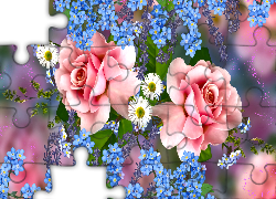 Kwiaty, Róże, Stokrotki, Niezapominajki, Grafika