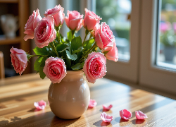 Kwiaty, Różowe, Róże, Wazon, Stół