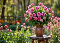 Kwiaty, Różowe, Róże, Wazon