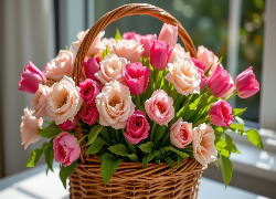 Kwiaty, Róże, Tulipany, Koszyk, Okno