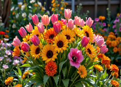 Kwiaty, Tulipany, Słoneczniki, Bukiet