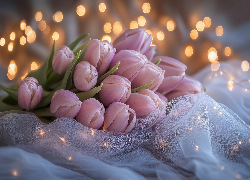 Różowe, Tulipany, Światełka, Tiul