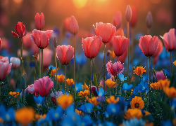 Tulipany, Różowe, Kwiaty, Zachód słońca, Grafika