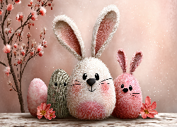 Wielkanoc, Różowe, Zajączki, Jajka, Gałązka, Kwiaty, Grafika AI