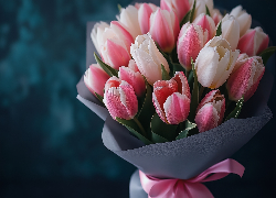 Różowo-białe, Tulipany, Bukiet, Papier, Kokarda