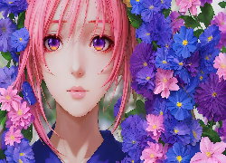 Dziewczyna, Różowe, Włosy, Kwiaty, Anime