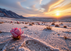 Wschód słońca, Pustynia, Różowy, Kwiat, Kępki, Trawy, Góry, Grafika