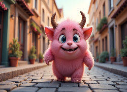 Stworek, Różowy, Rogi, Ulica, Domy, AI