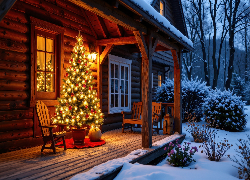 Boże Narodzenie, Zima, Choinka, Dom, Taras, Ogród