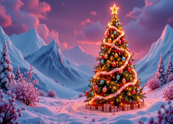 Rozświetlona, Choinka, Góry, Boże Narodzenie, Grafika AI