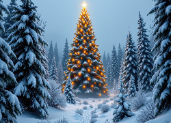 Zima, Las, Ośnieżone, Świerki, Rozświetlona, Choinka, Śnieg, Boże Narodzenie, AI