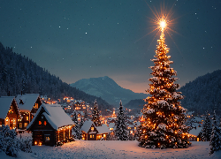 Zima, Noc, Boże Narodzenie, Choinki, Gwiazda, Wieś, Ośnieżone, Domy, Las, Góry