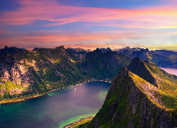Norwegia, Wyspa, Senja, Morze, Góry, Husfjellet, Zachód słońca