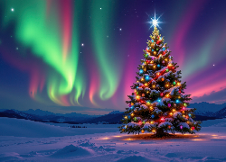 Zima, Pole, Śnieg, Udekorowana, Choinka, Zorza polarna, Boże Narodzenie, AI