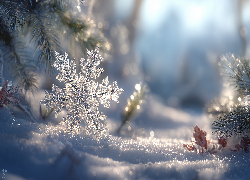 Śnieżynka, Śnieg, Zima, Gałązki, Grafika AI