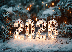 Cyfry, 2026, Nowy Rok, Choinka, Śnieg, Grafika AI