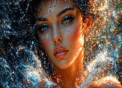 Kobieta, Niebieskie, Oczy, Rozświetlone, Tło, Grafika AI