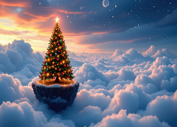 Boże Narodzenie, Choinka, Chmury, Księżyc, Przebijające światło, AI