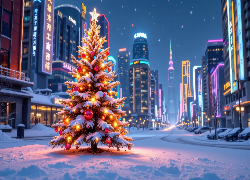 Miasto, Wieżowce, Zima, Boże Narodzenie, Choinka