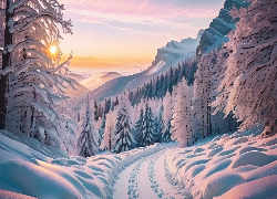Zima, Droga, Drzewa, Góry, Zachód słońca