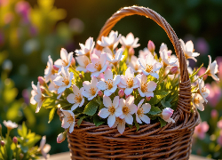 Różowe, Drobne, Kwiaty, Wiklinowy, Koszyk