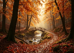 Jesień, Las, Mostek, Rzeka, Drzewa, Pożółkłe, Liście, Ścieżka, AI